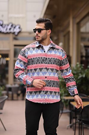 Etnik Desen Vintage Oduncu Gömlek - Kırmızı/Mavi