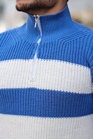 Yarım Fermuar Çizgili Triko Kazak - Mavi