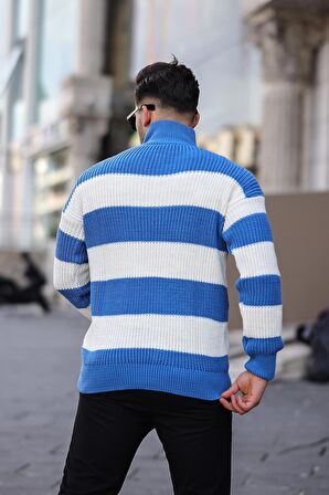 Yarım Fermuar Çizgili Triko Kazak - Mavi