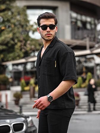 Apaş Yaka Premium Kısa Kollu Keten Gömlek- Siyah