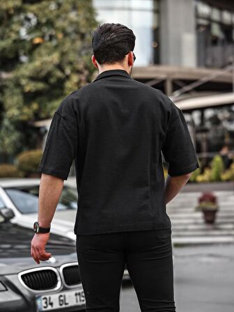 Apaş Yaka Premium Kısa Kollu Keten Gömlek- Siyah