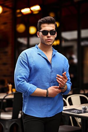 Yarım Pat Hakim Yaka Oversize Müslin Kumaş Gömlek - Parlament Mavisi