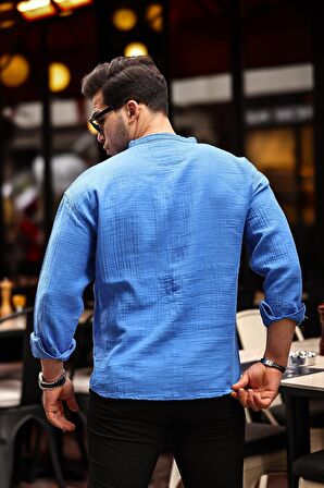 Yarım Pat Hakim Yaka Oversize Müslin Kumaş Gömlek - Parlament Mavisi