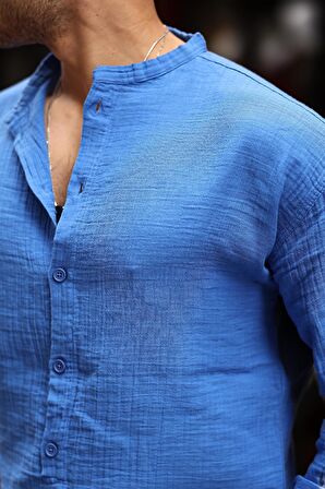 Yarım Pat Hakim Yaka Oversize Müslin Kumaş Gömlek - Parlament Mavisi