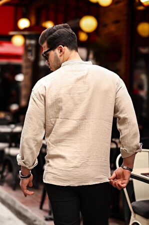 Yarım Pat Hakim Yaka Oversize Müslin Kumaş Gömlek - Açık Bej
