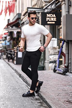 Saç Örgü Fit Kesim Bisiklet Yaka Triko T-Shirt - Beyaz