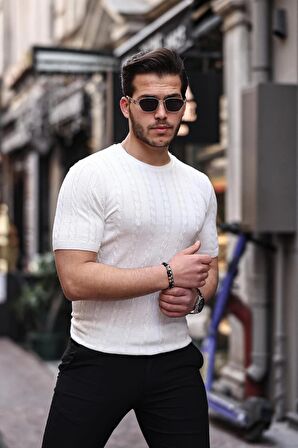 Saç Örgü Fit Kesim Bisiklet Yaka Triko T-Shirt - Beyaz