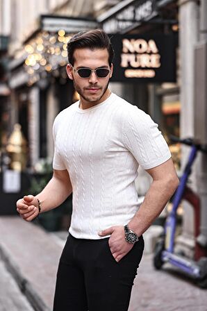 Saç Örgü Fit Kesim Bisiklet Yaka Triko T-Shirt - Beyaz
