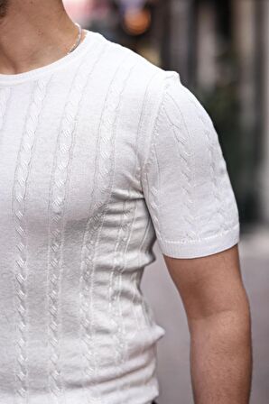 Saç Örgü Fit Kesim Bisiklet Yaka Triko T-Shirt - Beyaz