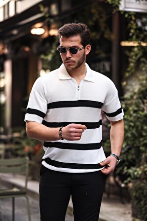 Yarım Fermuar Çizgili Oversize Triko T-Shirt - Beyaz