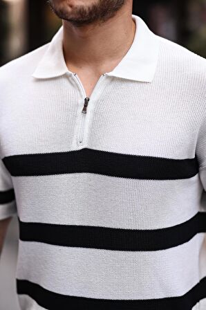 Yarım Fermuar Çizgili Oversize Triko T-Shirt - Beyaz