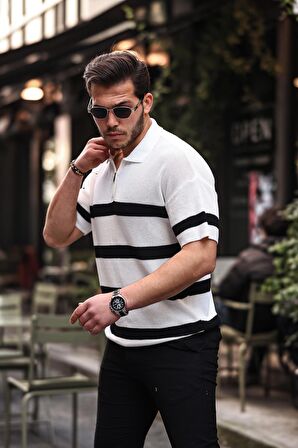 Yarım Fermuar Çizgili Oversize Triko T-Shirt - Beyaz