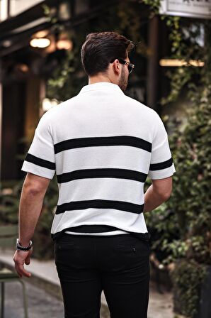 Yarım Fermuar Çizgili Oversize Triko T-Shirt - Beyaz