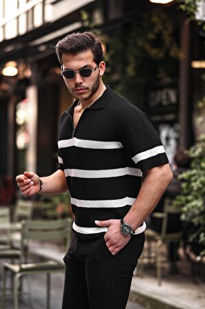 Yarım Fermuar Çizgili Oversize Triko T-Shirt - Siyah