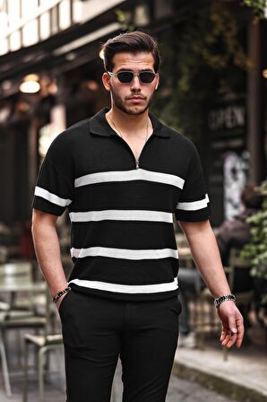 Yarım Fermuar Çizgili Oversize Triko T-Shirt - Siyah