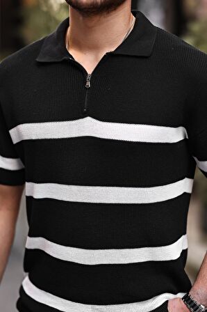 Yarım Fermuar Çizgili Oversize Triko T-Shirt - Siyah