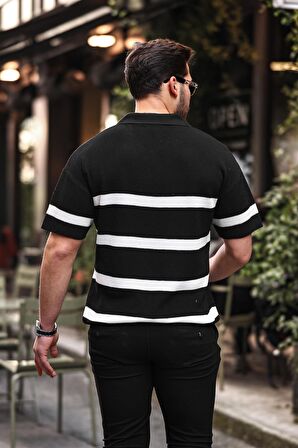 Yarım Fermuar Çizgili Oversize Triko T-Shirt - Siyah