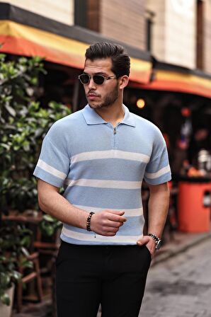 Yarım Fermuar Çizgili Oversize Triko T-Shirt - Açık Mavi