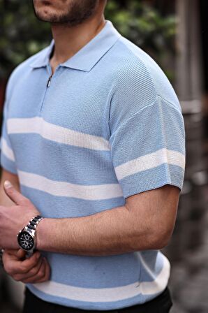 Yarım Fermuar Çizgili Oversize Triko T-Shirt - Açık Mavi