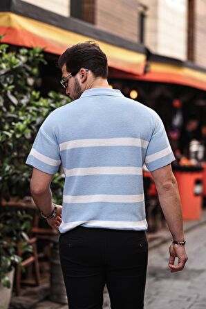 Yarım Fermuar Çizgili Oversize Triko T-Shirt - Açık Mavi