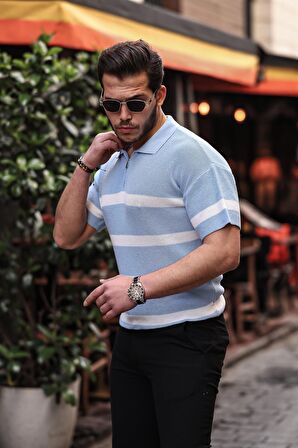 Yarım Fermuar Çizgili Oversize Triko T-Shirt - Açık Mavi
