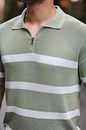 Yarım Fermuar Çizgili Oversize Triko T-Shirt - Yeşil