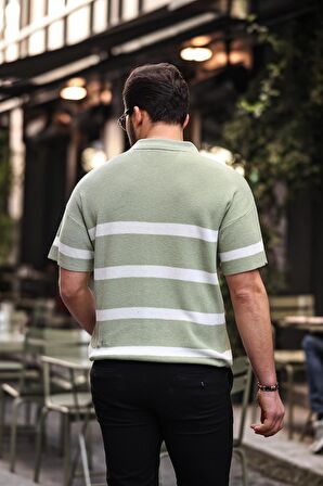 Yarım Fermuar Çizgili Oversize Triko T-Shirt - Yeşil