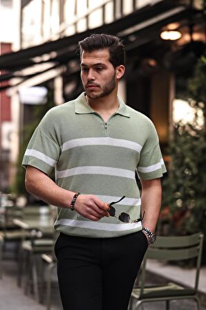 Yarım Fermuar Çizgili Oversize Triko T-Shirt - Yeşil