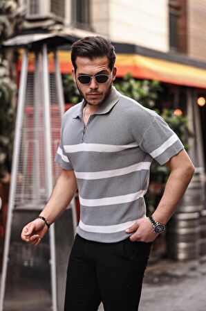 Yarım Fermuar Çizgili Oversize Triko T-Shirt - Gri
