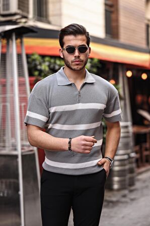 Yarım Fermuar Çizgili Oversize Triko T-Shirt - Gri