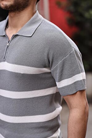Yarım Fermuar Çizgili Oversize Triko T-Shirt - Gri