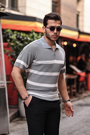 Yarım Fermuar Çizgili Oversize Triko T-Shirt - Gri