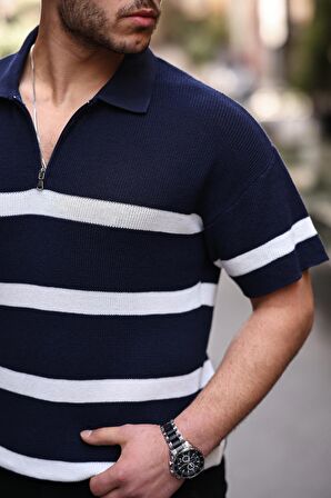 Yarım Fermuar Çizgili Oversize Triko T-Shirt - Lacivert