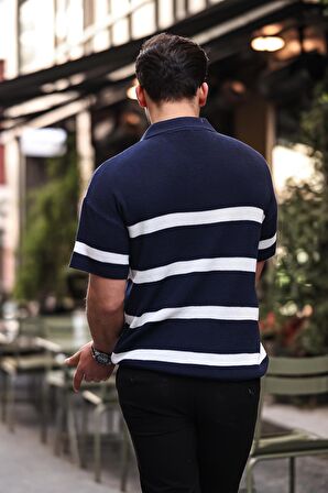 Yarım Fermuar Çizgili Oversize Triko T-Shirt - Lacivert
