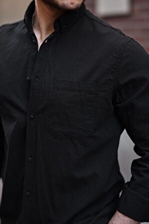 Flam Keten Tek Cepli Gömlek - Siyah