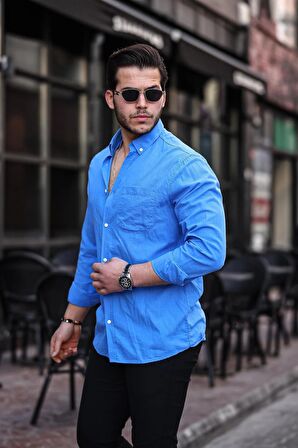 Flam Keten Tek Cepli Gömlek - Saks Mavisi