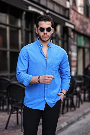 Flam Keten Tek Cepli Gömlek - Saks Mavisi