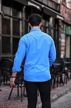 Flam Keten Tek Cepli Gömlek - Saks Mavisi