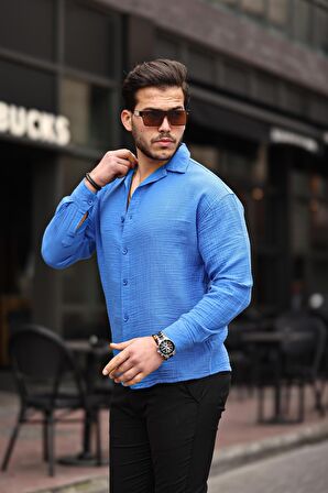 Apaş Yaka Oversize Müslin Kumaş Gömlek- Parlement Mavisi