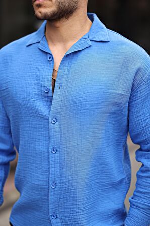 Apaş Yaka Oversize Müslin Kumaş Gömlek- Parlement Mavisi