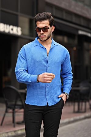 Apaş Yaka Oversize Müslin Kumaş Gömlek- Parlement Mavisi