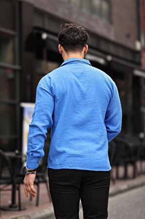 Apaş Yaka Oversize Müslin Kumaş Gömlek- Parlement Mavisi