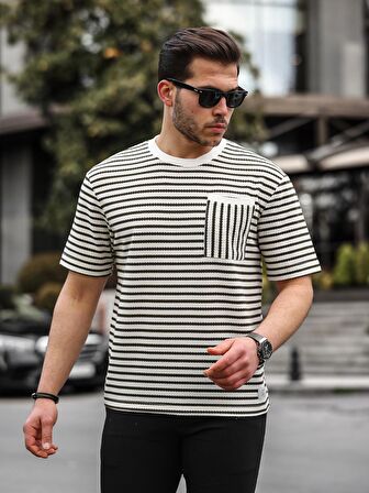 Bisiklet Yaka Tek Cepli Çizgili T-Shirt - Haki