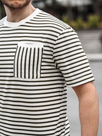 Bisiklet Yaka Tek Cepli Çizgili T-Shirt - Haki