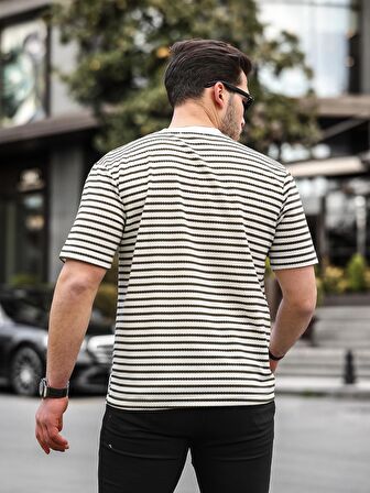 Bisiklet Yaka Tek Cepli Çizgili T-Shirt - Haki