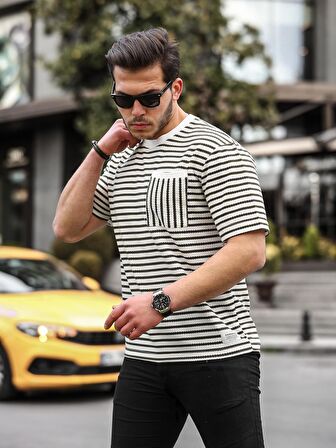 Bisiklet Yaka Tek Cepli Çizgili T-Shirt - Haki
