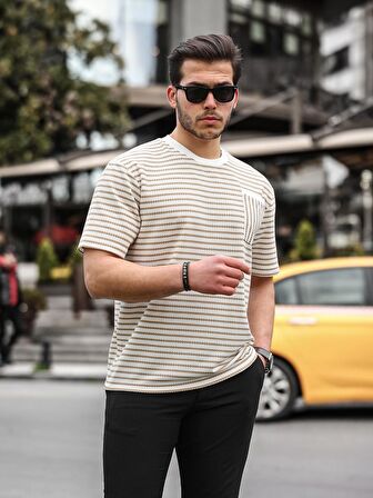 Bisiklet Yaka Tek Cepli Çizgili T-Shirt - Bej