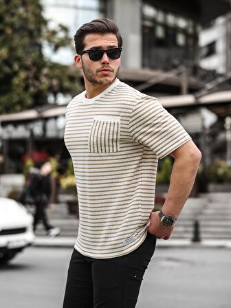 Bisiklet Yaka Tek Cepli Çizgili T-Shirt - Bej