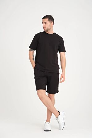 İki İplik Pamuklu Duble Kol Yırtmaçlı T-Shirt Şort Takım - Siyah