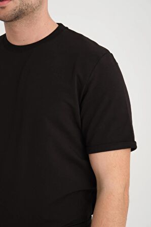 İki İplik Pamuklu Duble Kol Yırtmaçlı T-Shirt Şort Takım - Siyah